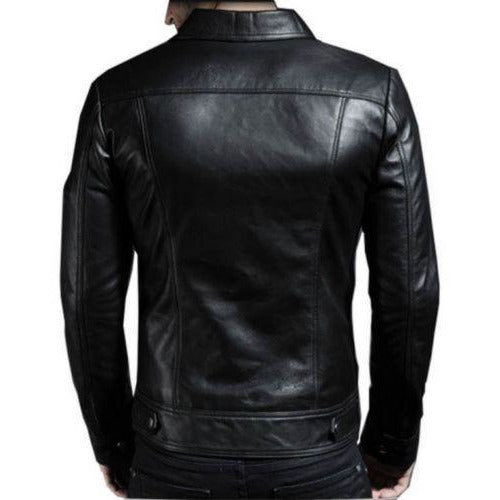 unique black leather jacket - distinctive long collared style