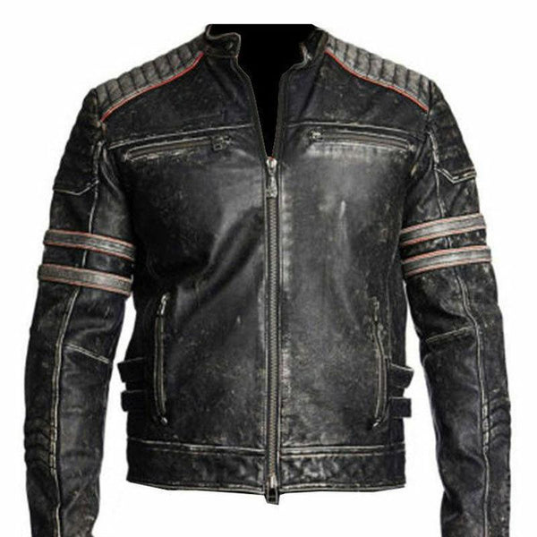 genuine leather cruiser jacket with stripe accent - medium grey